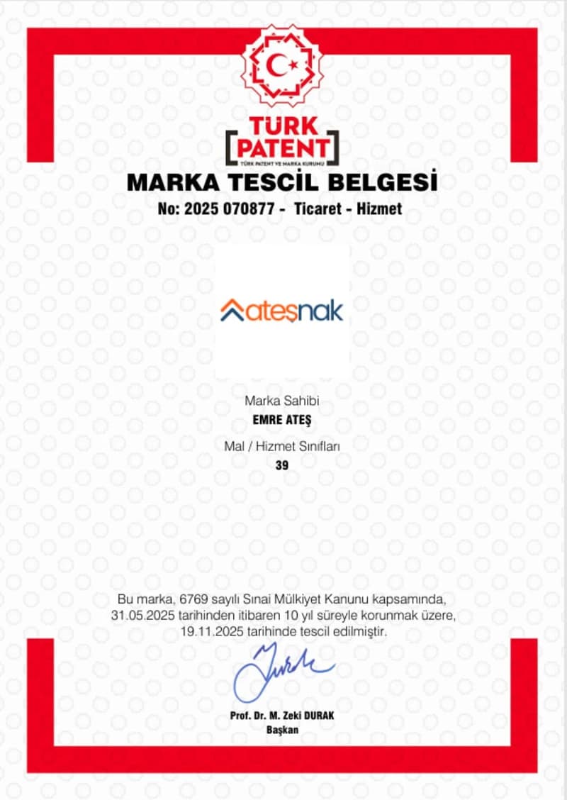 Ateşnak Marka Tescil Belgesi