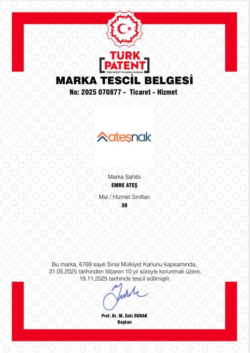 Ateşnak Marka Tescil Belgesi