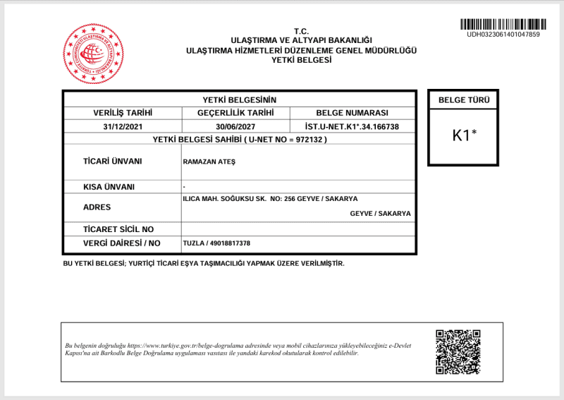 Ulaştırma Bakanlığı Ateşnak Yetki Belgesi